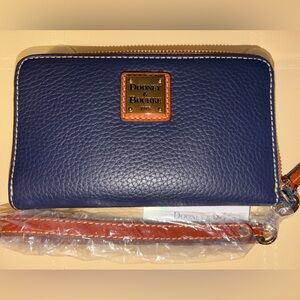 Dooney & Bourke Navy Pebbled Leather Zip Wristlet with Tan Trim